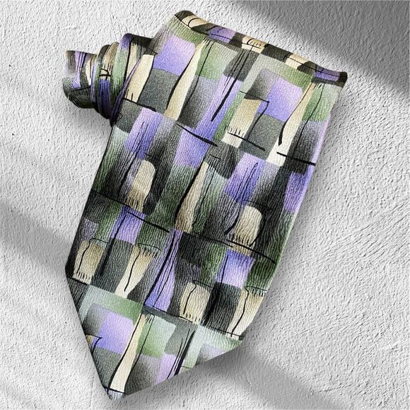 Jerry Garcia Tie 2005 Abstract Print in Green Tan  Lavender Silk Classic Necktie - Picture 1 of 7